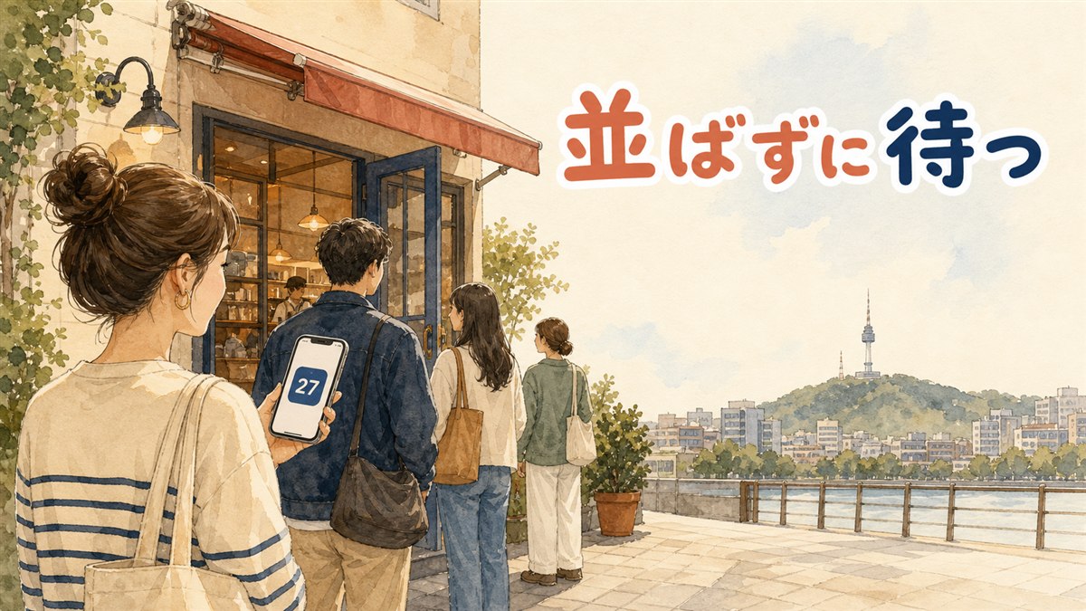 韓国のカフェの入口でタブレット端末を操作する外国人旅行者らしい女性の後ろ姿