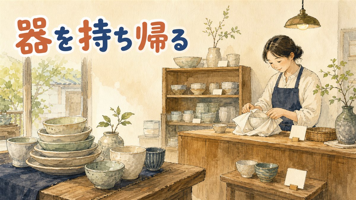 仁寺洞の器店で白磁や真鍮の食器を手に取って眺める旅行者の情景