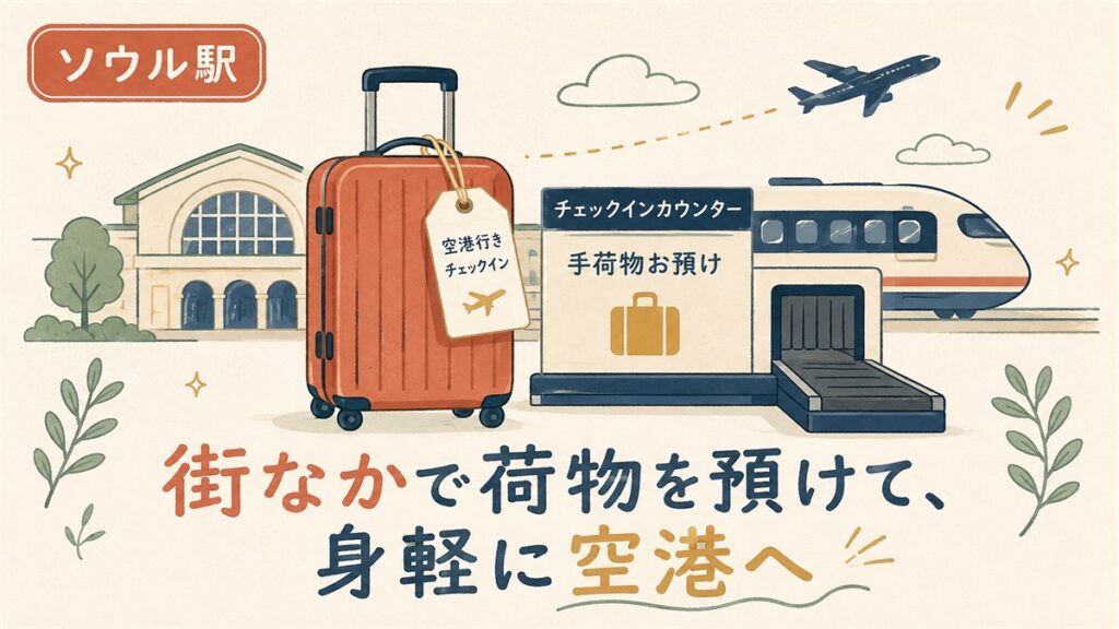 ソウル駅の都心空港ターミナルをイメージしたイラスト。スーツケースの空港行きチェックインタグ、手荷物お預けカウンター、直通列車と飛行機を配置し、荷物を預けて身軽に空港へ向かう流れを表現。