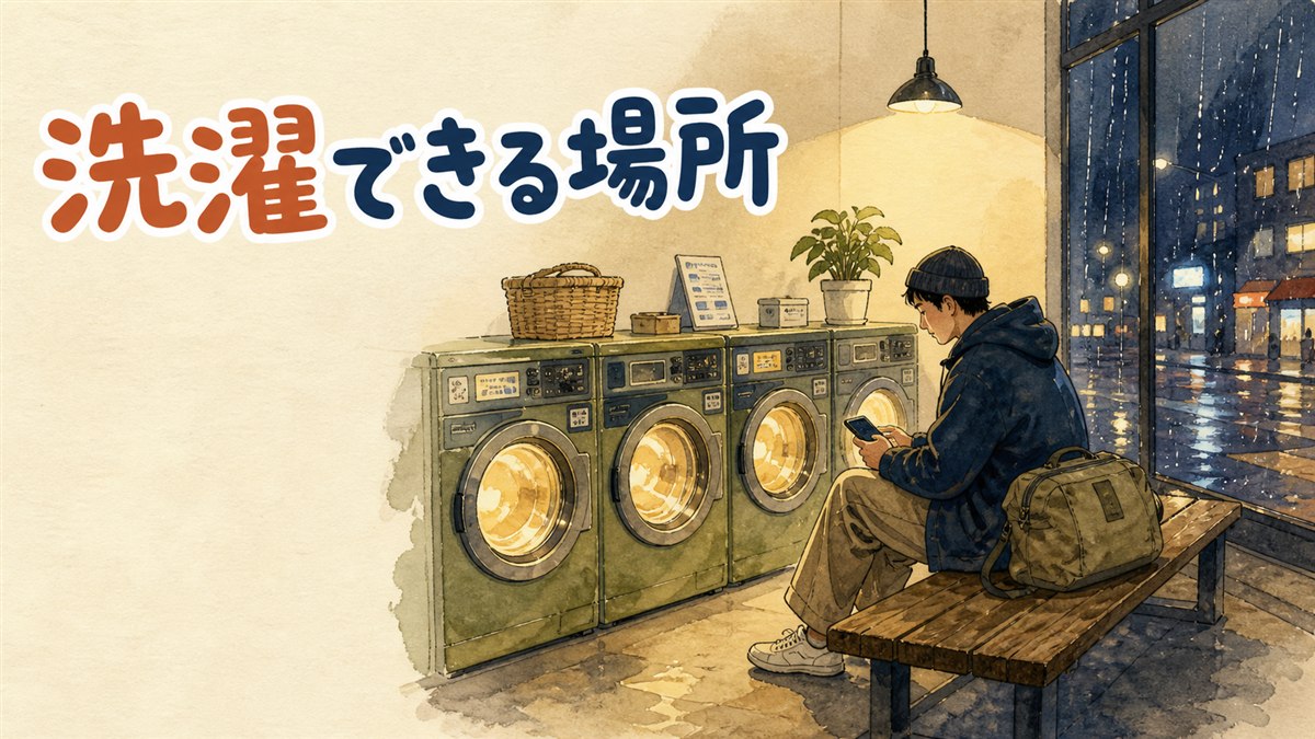 ソウルのコインランドリーで旅行者がスーツケースの横で洗濯機を操作している情景