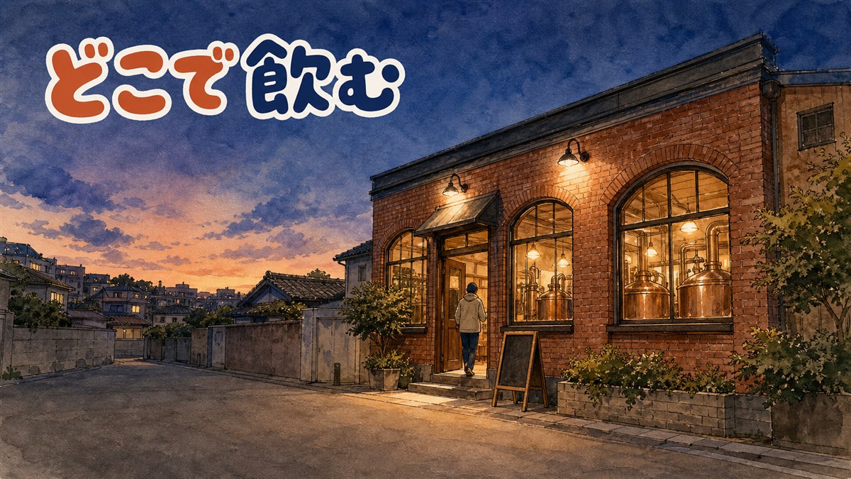 夕暮れの裏通りに建つレンガ造りのブルーパブを、通りをはさんで引きで見た水彩の情景