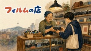 忠武路のカメラ店の棚に並ぶフィルムとフィルムカメラを見る旅行者の後ろ姿