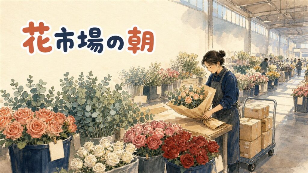 高速ターミナル駅3階の花卸売商街で、生花のバケツと造花の束が並ぶ通路の情景