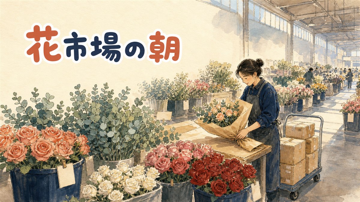 高速ターミナル駅3階の花卸売商街で、生花のバケツと造花の束が並ぶ通路の情景