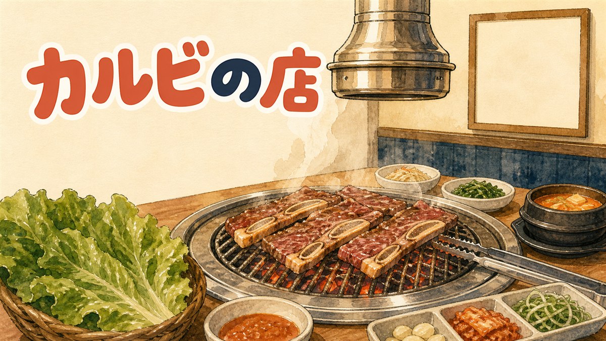 ソウルの焼肉店で網の上に生カルビとヤンニョムカルビが並んで焼かれている情景