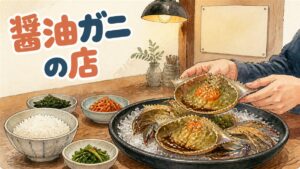ソウルの店で間チャン蟹醤（カンジャンケジャン）の甲羅にごはんを入れて混ぜようとしている食卓の情景