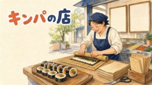 ソウルの屋台でキンパを巻く店員と、切り分けられたキンパの断面