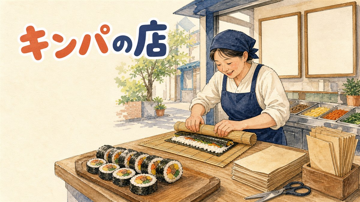 ソウルの屋台でキンパを巻く店員と、切り分けられたキンパの断面