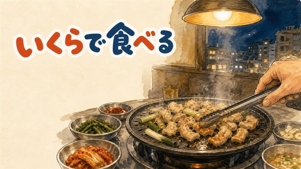 ソウルのコプチャン専門店で鉄板の上に並ぶ牛の内臓とチャンネギ