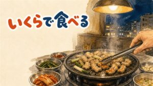 ソウルのコプチャン専門店で鉄板の上に並ぶ牛の内臓とチャンネギ