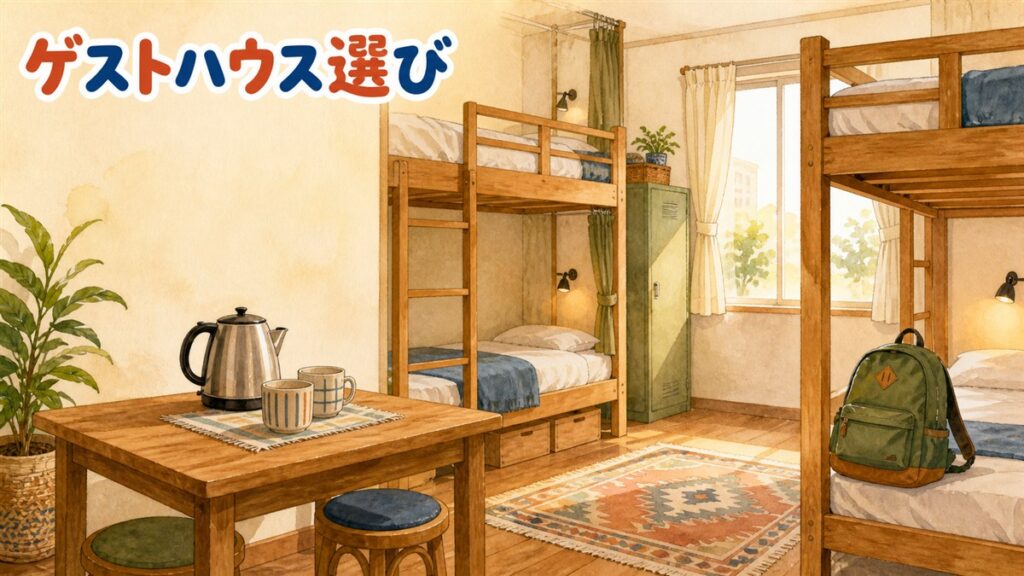 ソウルのゲストハウス選びのイメージ。木製の二段ベッドが2つ並ぶドミトリーの部屋に、ロッカーと共有テーブル、朝の光が差す窓がある