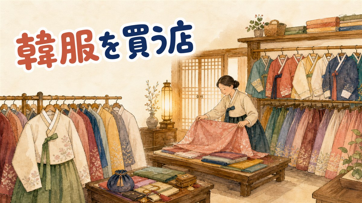 ソウルの伝統市場でカラフルな韓服が並ぶ店先を眺める女性の後ろ姿