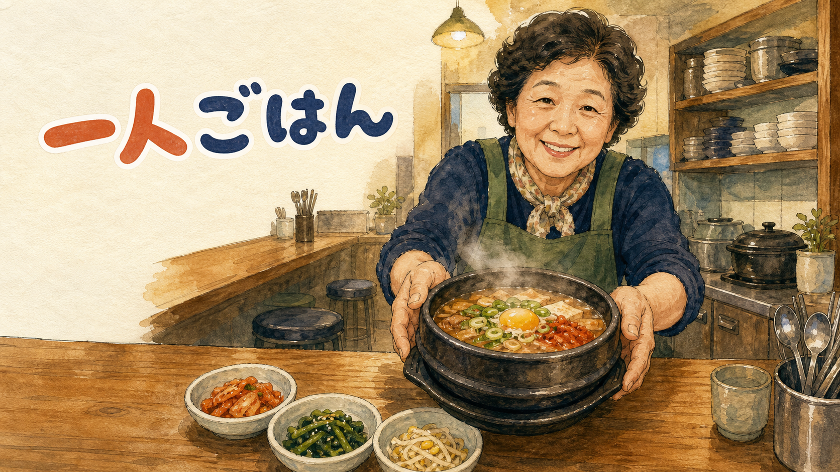 ソウルの食堂でスープ料理を一人分の器で受け取る旅行者を描いたイラスト