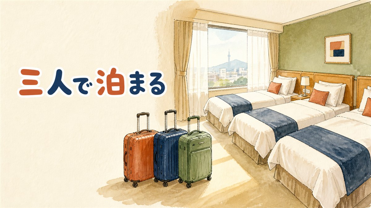 ソウルのホテルで3人が同じ部屋に泊まるための部屋タイプの選び方を示したイメージ