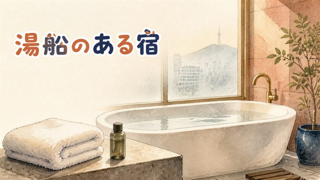 ソウルのホテルでバスタブつきの客室を探すときの確認手順を示したイメージ