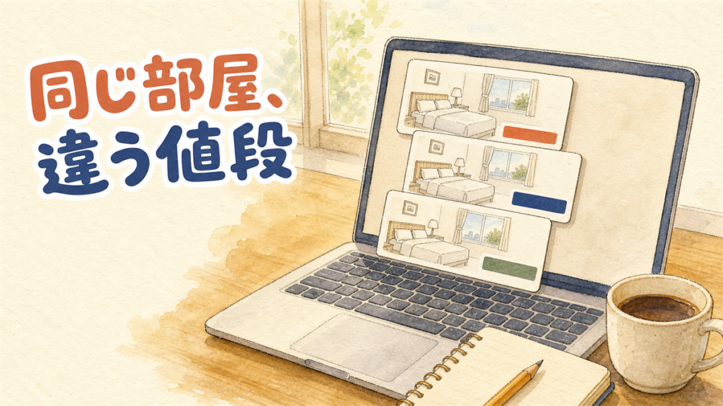 ノートパソコンの画面に、同じ部屋の検索結果カードが3枚重なり、価格帯の色帯の長さが違っているイラスト