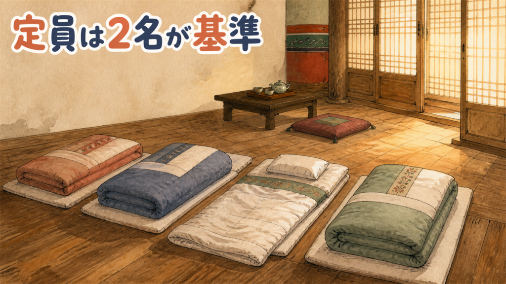 韓国のオンドルの部屋に4組の布団が並べて敷かれ、障子から光が差しているイラスト
