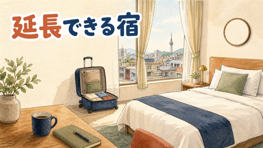 ソウルのホテルのフロントで、スーツケースを傍らに置いた旅行者がスタッフに延長を相談している様子