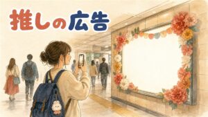ソウルの地下鉄駅構内で、壁面のライトボックス広告やスクリーンドアの広告パネルを見上げる旅行者の後ろ姿