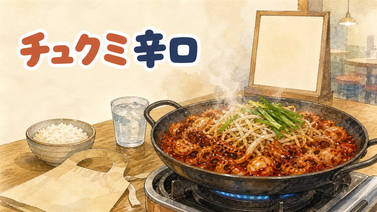 鉄板の上で湯気を立てながら炒められるイイダコ(쭈꾸미)のクローズアップ