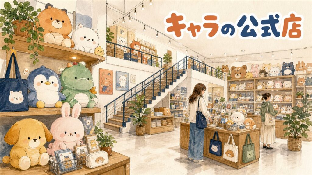ソウルの街角にあるキャラクターグッズショップの外観と、窓に並ぶぬいぐるみの情景