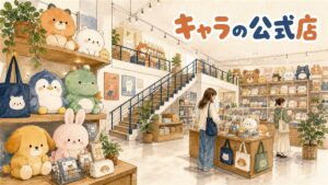 ソウルの街角にあるキャラクターグッズショップの外観と、窓に並ぶぬいぐるみの情景