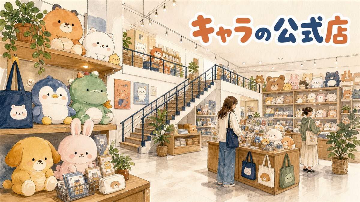 ソウルの街角にあるキャラクターグッズショップの外観と、窓に並ぶぬいぐるみの情景