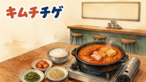 ソウルの食堂でキムチチゲとご飯、パンチャンが並ぶ食卓