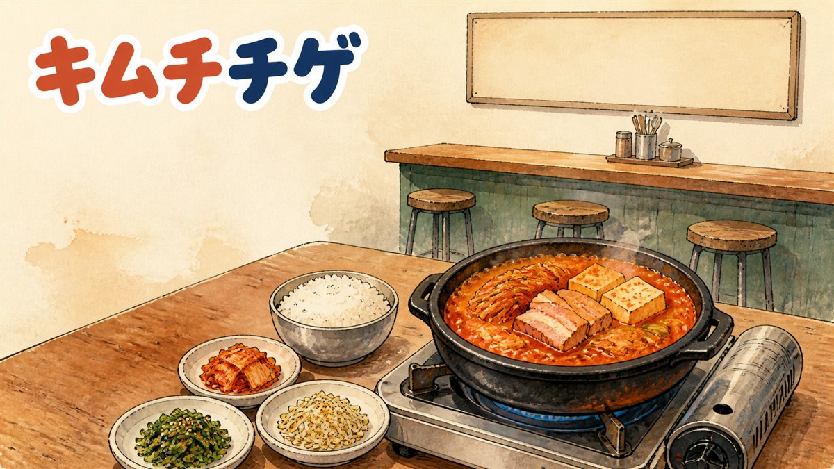 ソウルの食堂でキムチチゲとご飯、パンチャンが並ぶ食卓