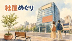 ソウルにあるHYBE・SM・JYP・YGの社屋外観と、それぞれの入り口前に立つ旅行者のイメージ