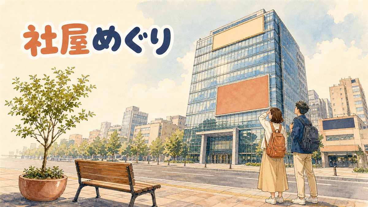 ソウルにあるHYBE・SM・JYP・YGの社屋外観と、それぞれの入り口前に立つ旅行者のイメージ