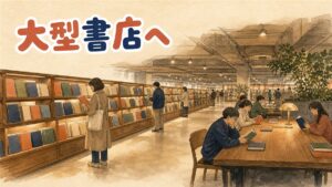 教保文庫光化門本店の地下売り場に並ぶ本棚と、併設HOTTRACKSの文具・雑貨コーナー