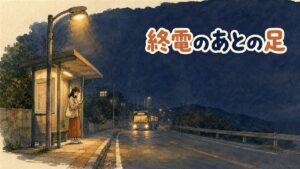 深夜のソウルでNマークのバス停を見上げる旅行者の後ろ姿