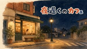 夜遅くまで開いているソウルのカフェで一人静かに座って過ごす女性客の情景
