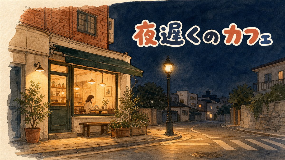 夜遅くまで開いているソウルのカフェで一人静かに座って過ごす女性客の情景