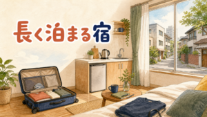 キャリーケースを部屋の隅に置き、キッチンでお茶を淹れる旅行者のイラスト