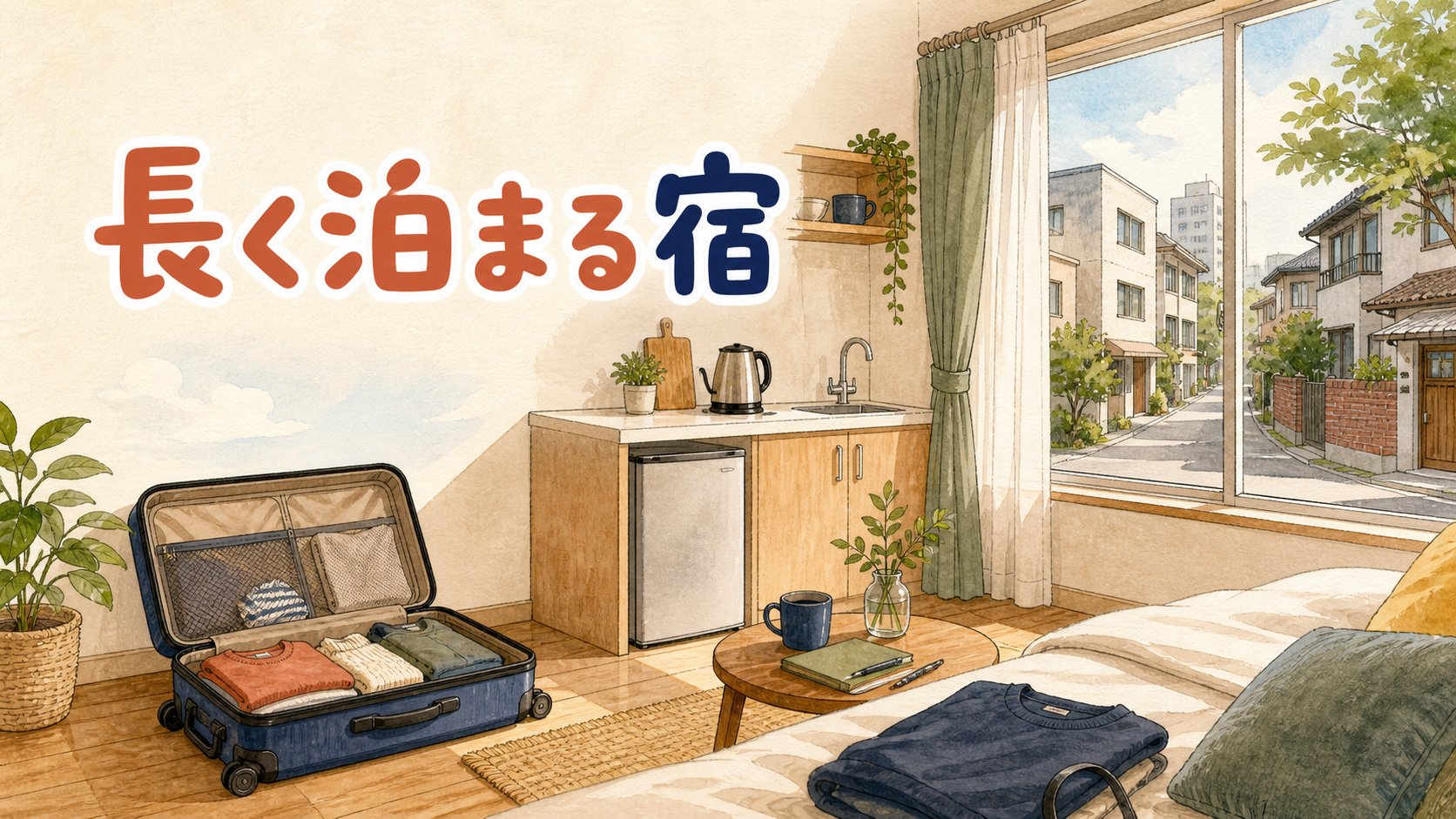 キャリーケースを部屋の隅に置き、キッチンでお茶を淹れる旅行者のイラスト