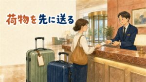 空港のカウンターでスーツケースを預ける旅行者
