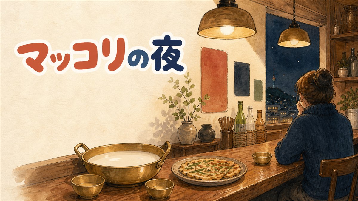益善洞の韓屋バーの店先でマッコリの器とチヂミが置かれた夜の情景