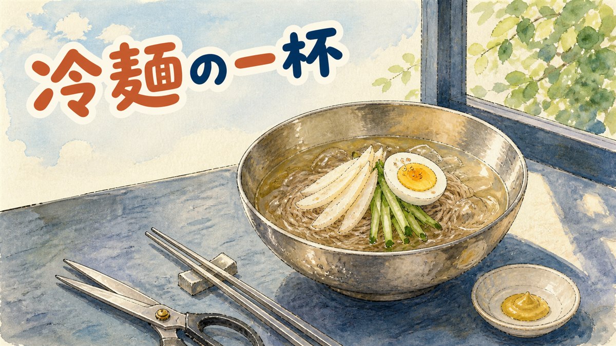 ソウルの冷麺専門店で、平壌冷麺と咸興冷麺の2種類の器が並んでいる情景