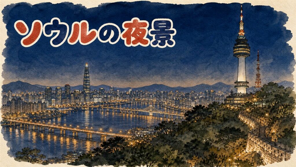ソウルの夜景スポットのイメージ。丘の上から見下ろす夜の街並みと展望タワー、中央を流れる川と橋の灯りが映っている
