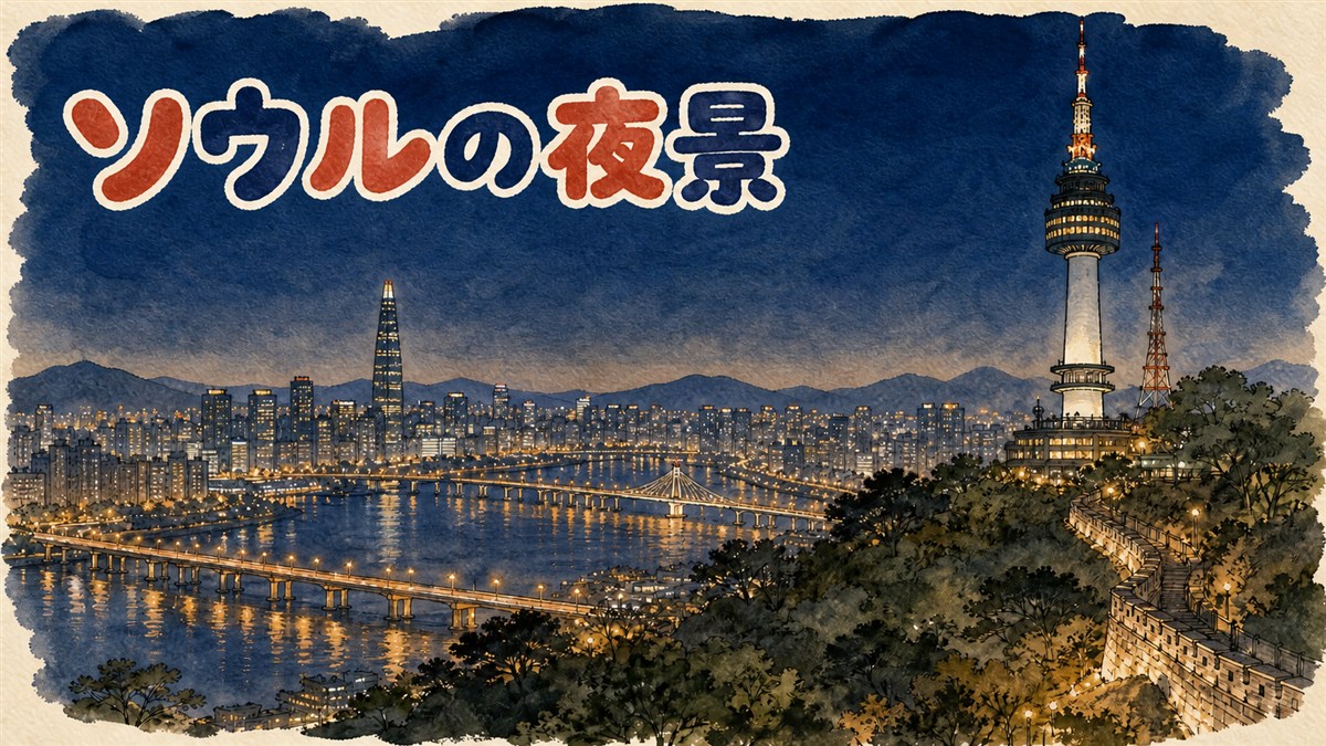 ソウルの夜景スポットのイメージ。丘の上から見下ろす夜の街並みと展望タワー、中央を流れる川と橋の灯りが映っている