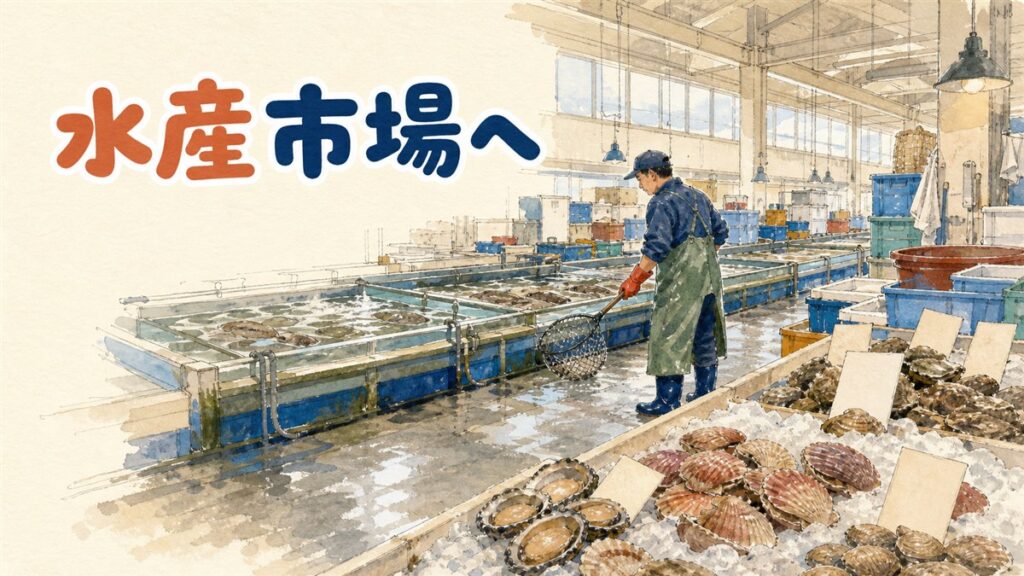 鷺梁津水産市場の1階、活魚の水槽が並ぶ通路を見て回る買い物客の後ろ姿