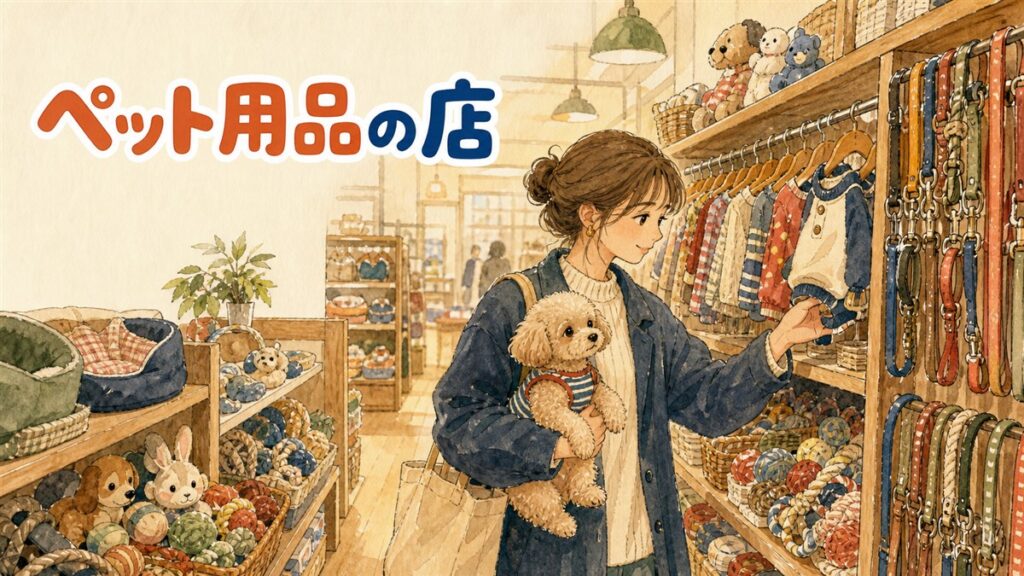 ソウルのペットショップでカラフルな犬服が並ぶ棚を眺める買い物客
