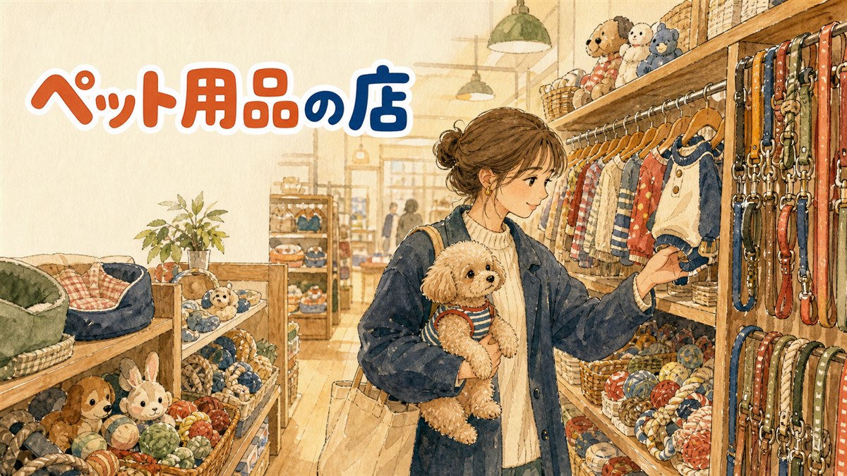 ソウルのペットショップでカラフルな犬服が並ぶ棚を眺める買い物客