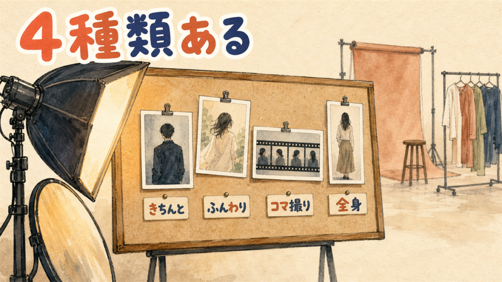 写真スタジオのピンボードに4種類の作風の写真が並んで留められ、手前に照明機材があるイラスト