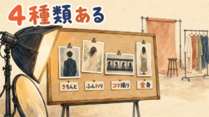 写真スタジオのピンボードに4種類の作風の写真が並んで留められ、手前に照明機材があるイラスト