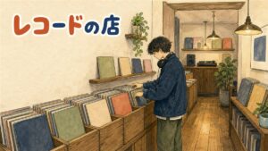 ソウルのレコード店でLPジャケットを棚から選ぶ女性客の様子