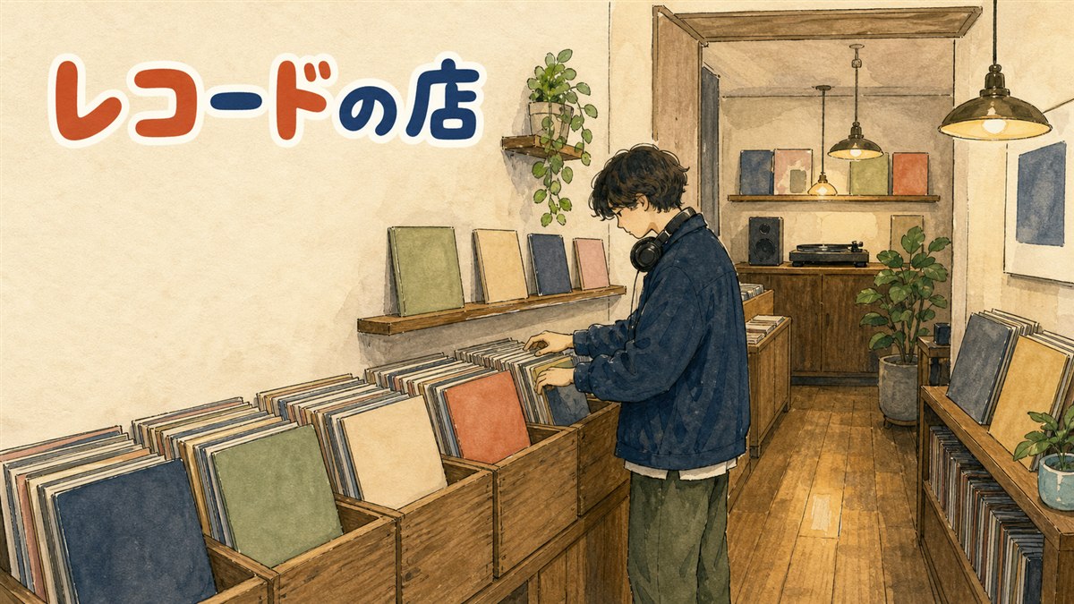 ソウルのレコード店でLPジャケットを棚から選ぶ女性客の様子