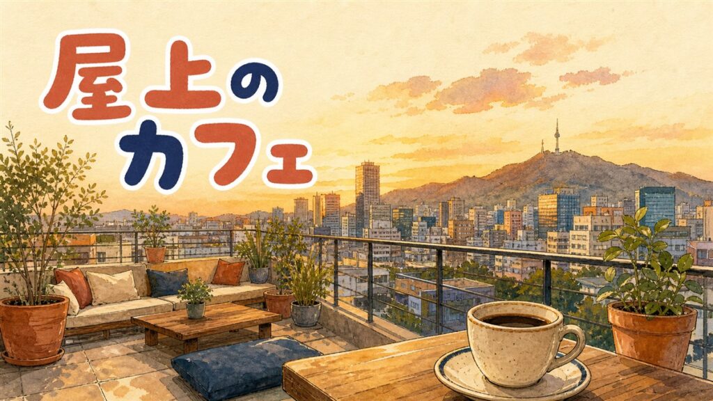 ソウルの屋上カフェから街の夕景を眺める情景